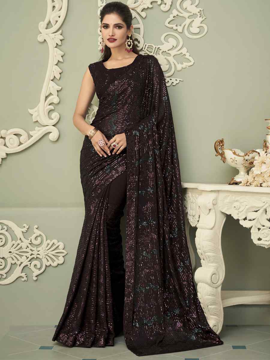 Black Glitter Gerogette Sequins Party Cocktail Classic Style Saree