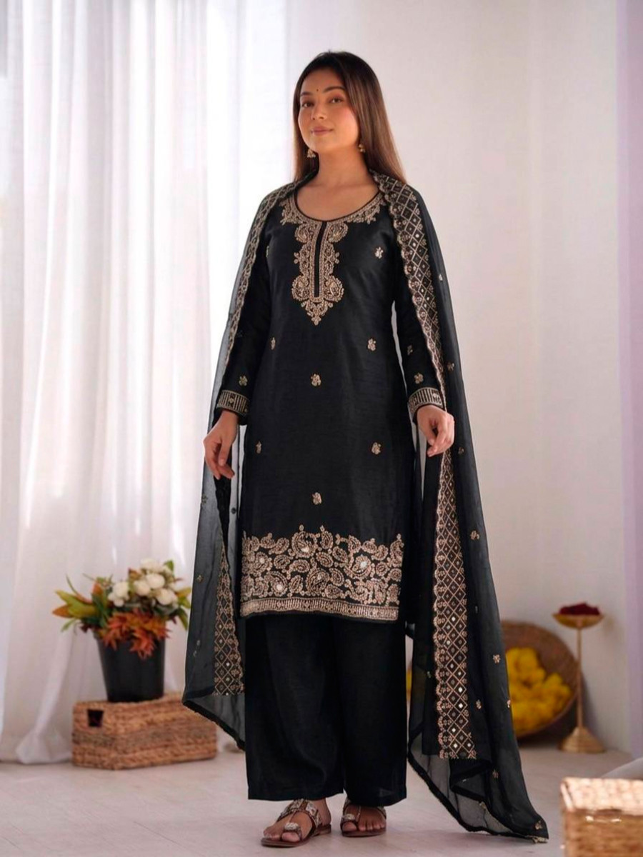 Black Gmy Choo Silk Embroidery Sequins Zari Wedding Party Festival Casual Palazzo Pant Salwar Kameez