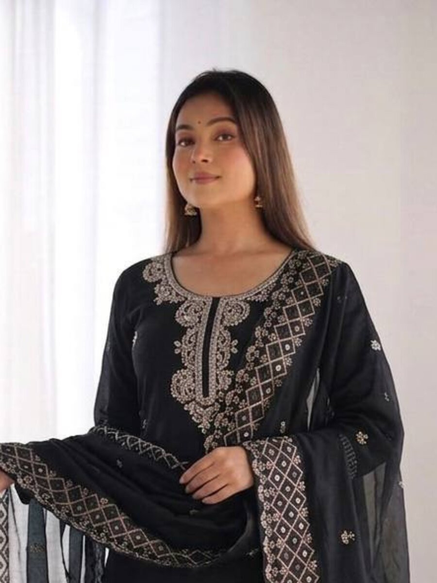 Black Gmy Choo Silk Embroidery Sequins Zari Wedding Party Festival Casual Palazzo Pant Salwar Kameez