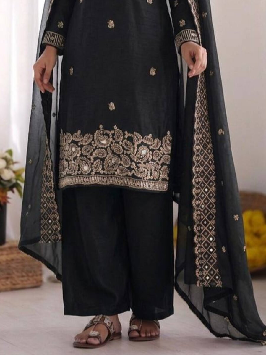 Black Gmy Choo Silk Embroidery Sequins Zari Wedding Party Festival Casual Palazzo Pant Salwar Kameez