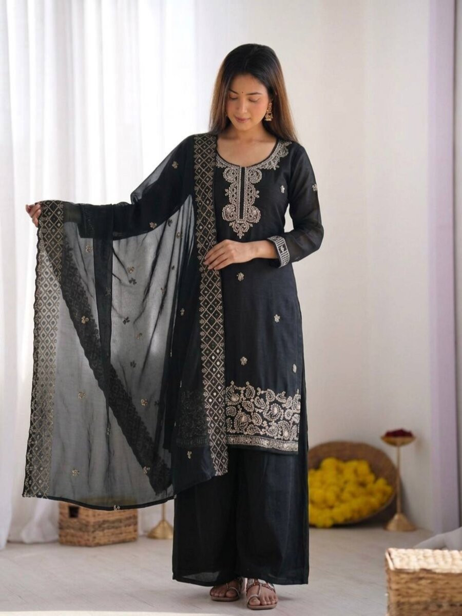 Black Gmy Choo Silk Embroidery Sequins Zari Wedding Party Festival Casual Palazzo Pant Salwar Kameez