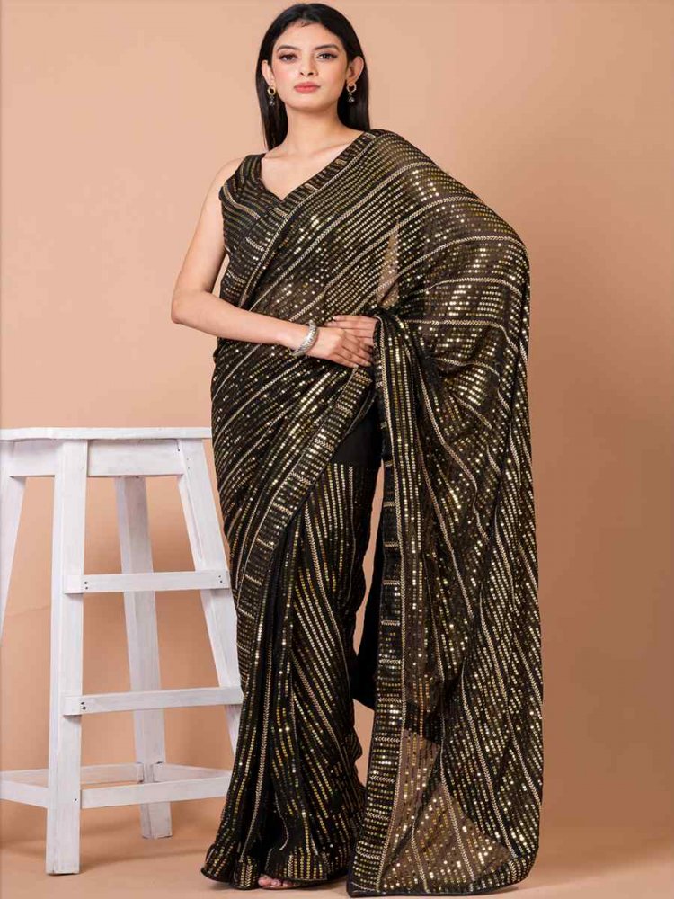 Black Gold Georgette Sequins Party Festival Classic Style Saree