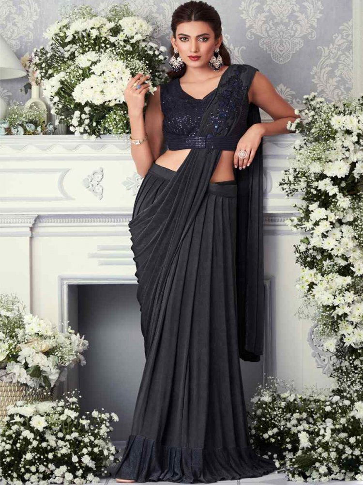 Black Gray Net Embroidered Wedding Party Heavy Border Saree