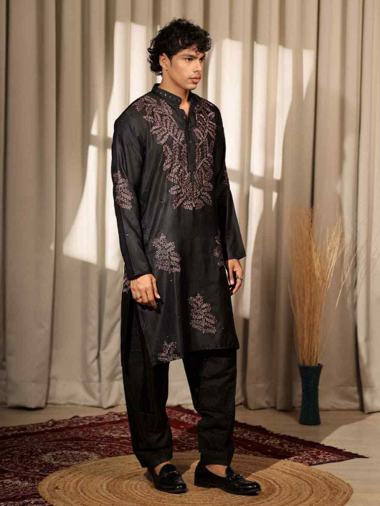 Black Greek Satin  Embroidered Festival Casual Kurta