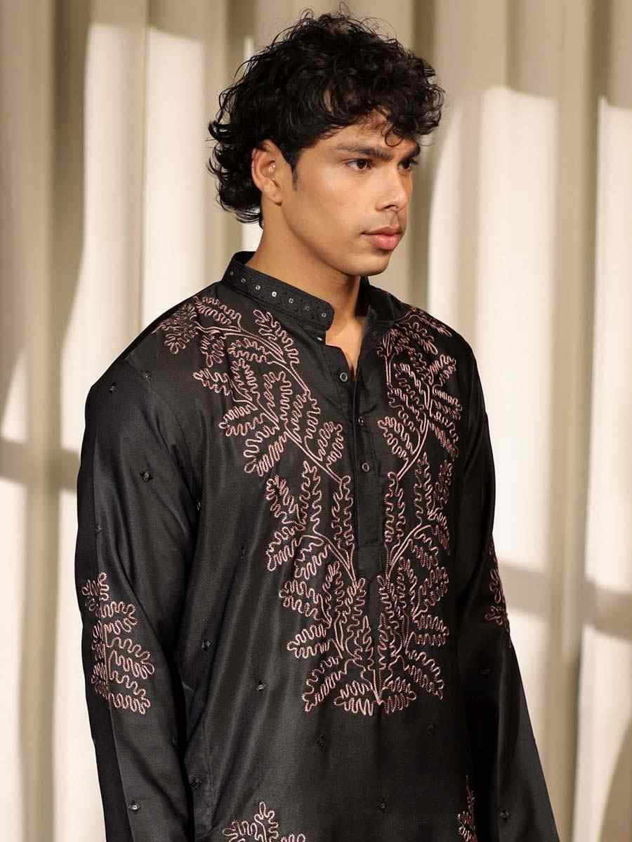 Black Greek Satin  Embroidered Festival Casual Kurta