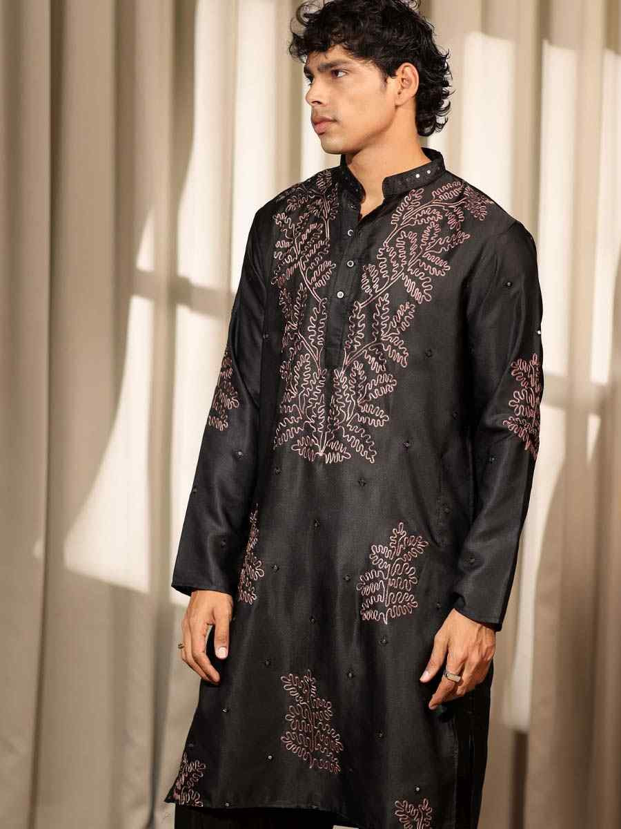 Black Greek Satin  Embroidered Festival Casual Kurta