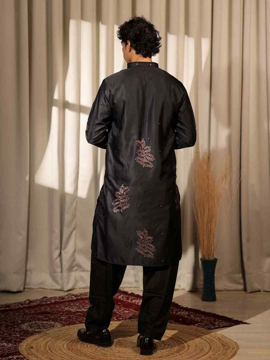 Black Greek Satin  Embroidered Festival Casual Kurta