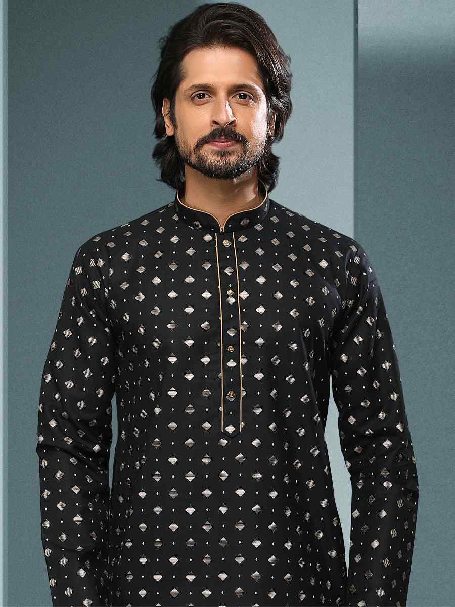 Black Hand Loomed In Rich Yarns Of Cotton Printed Festival Kurta