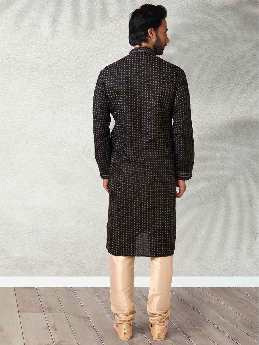 Black Hand Loomed In Rich Yarns Of Cotton Printed Festival Wedding Kurta