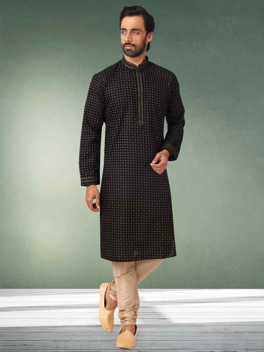 Black Hand Loomed In Rich Yarns Of Cotton Printed Festival Wedding Kurta