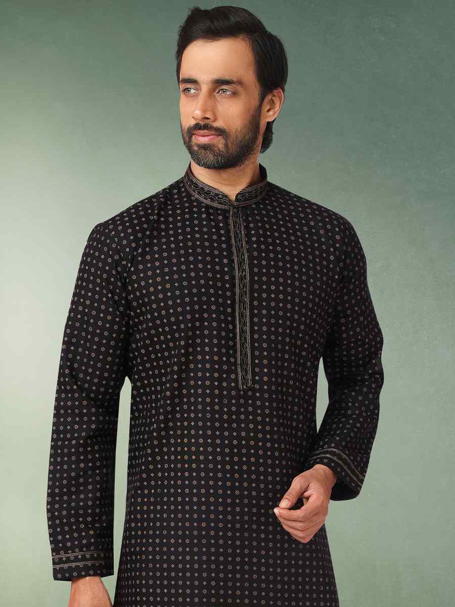 Black Hand Loomed In Rich Yarns Of Cotton Printed Festival Wedding Kurta