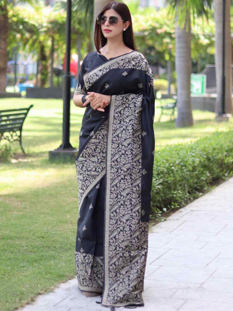 Black Handloom Raw Silk Handwoven Casual Festival Classic Style Saree