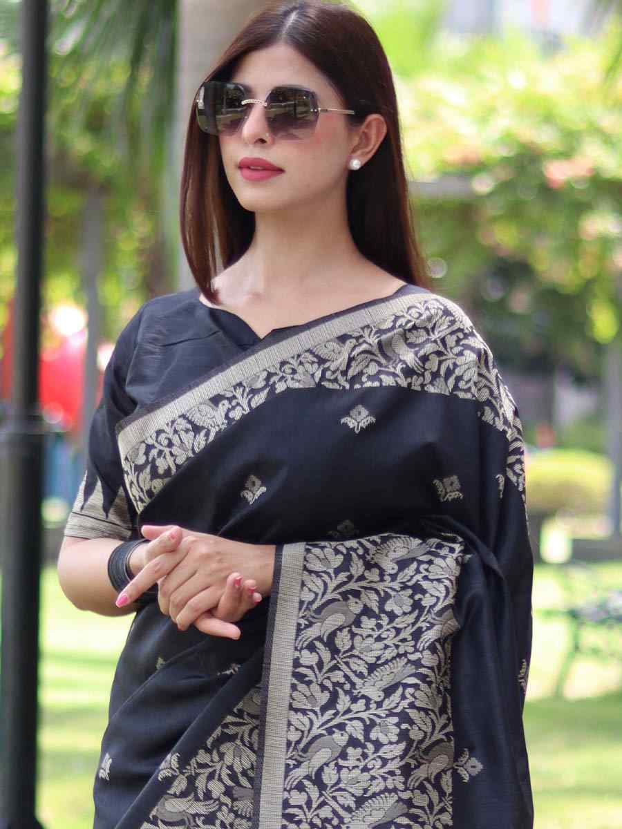 Black Handloom Raw Silk Handwoven Casual Festival Classic Style Saree