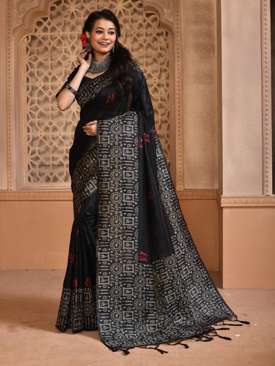 Black Handloom Raw Silk Handwoven Casual Festival Heavy Border Saree