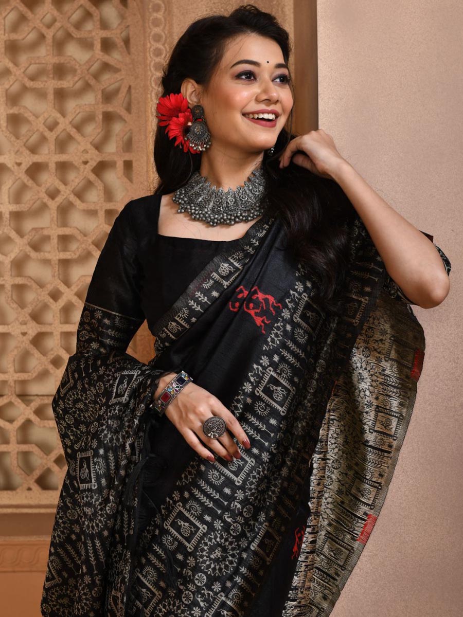 Black Handloom Raw Silk Handwoven Casual Festival Heavy Border Saree