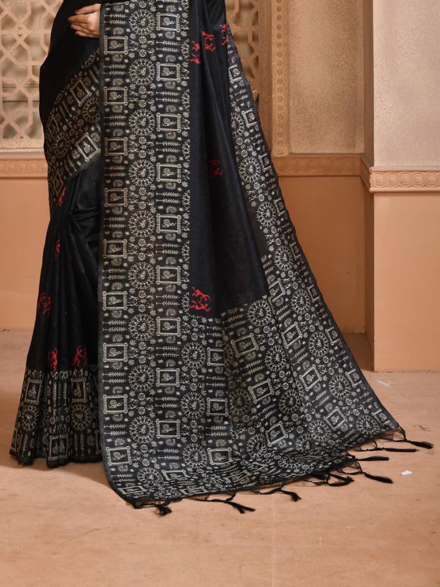 Black Handloom Raw Silk Handwoven Casual Festival Heavy Border Saree