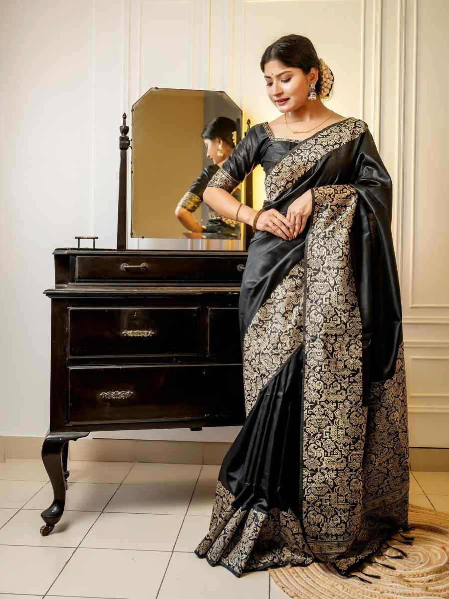 Black Handloom Raw Silk Handwoven Casual Reception Festival Wedding Fancy Classic Style Sarees