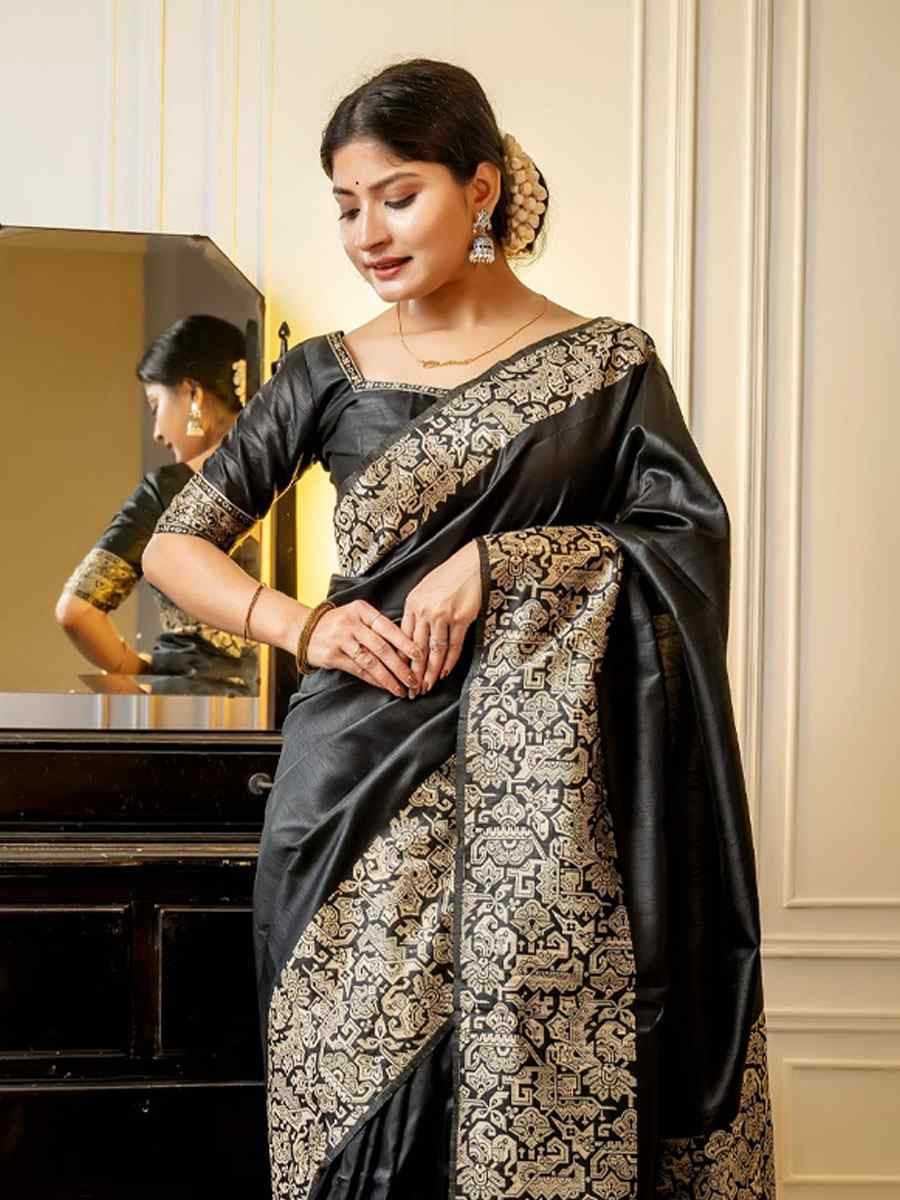 Black Handloom Raw Silk Handwoven Casual Reception Festival Wedding Fancy Classic Style Sarees