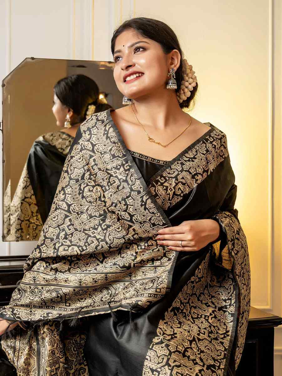 Black Handloom Raw Silk Handwoven Casual Reception Festival Wedding Fancy Classic Style Sarees