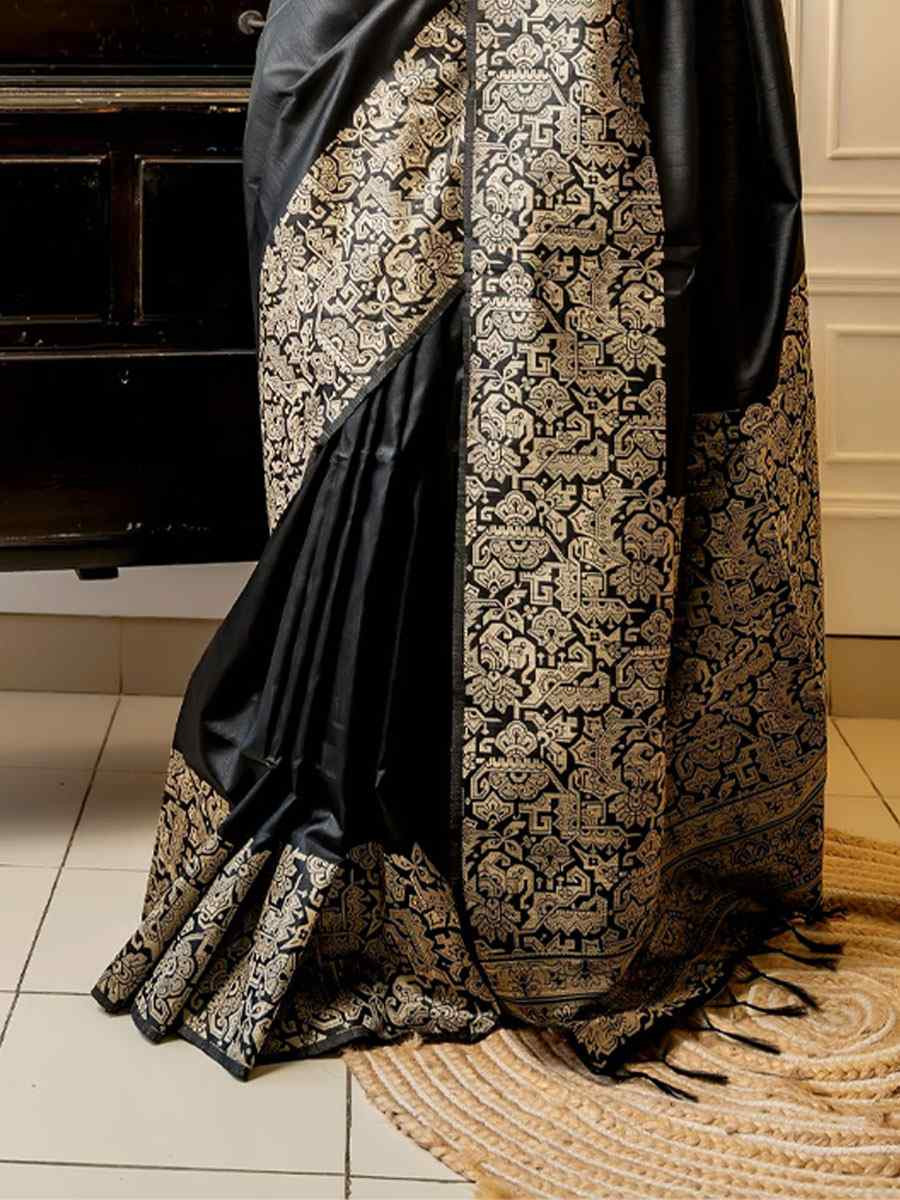 Black Handloom Raw Silk Handwoven Casual Reception Festival Wedding Fancy Classic Style Sarees
