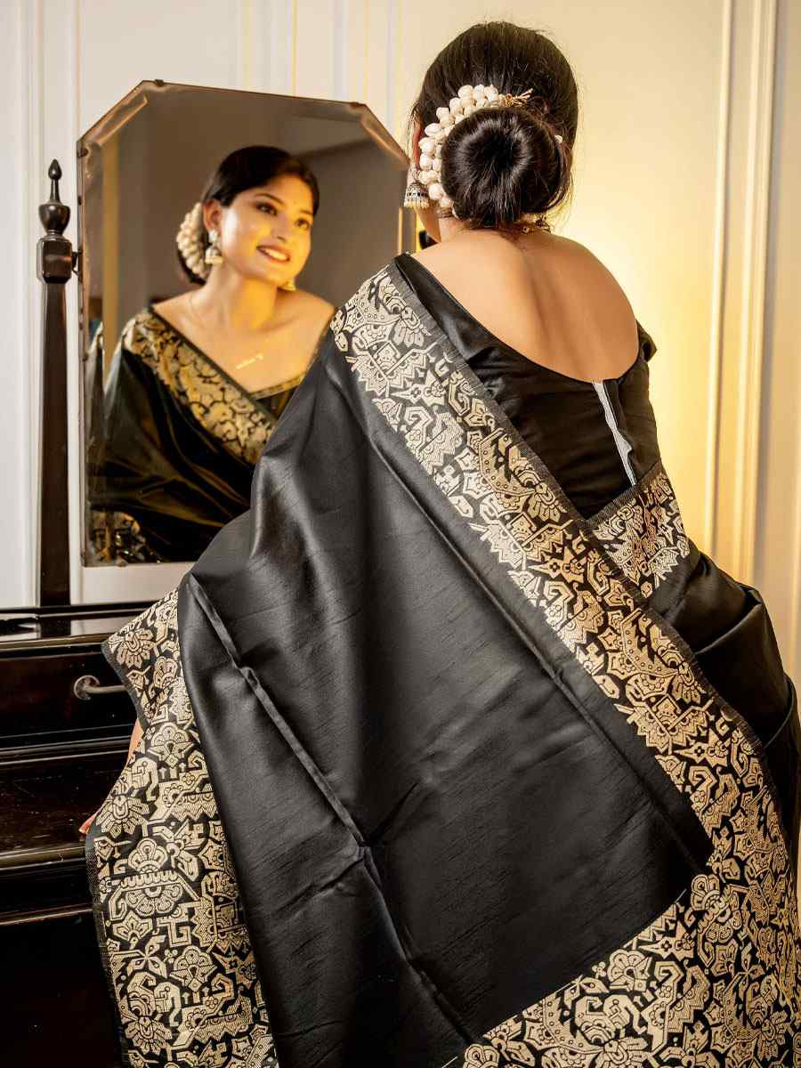 Black Handloom Raw Silk Handwoven Casual Reception Festival Wedding Fancy Classic Style Sarees