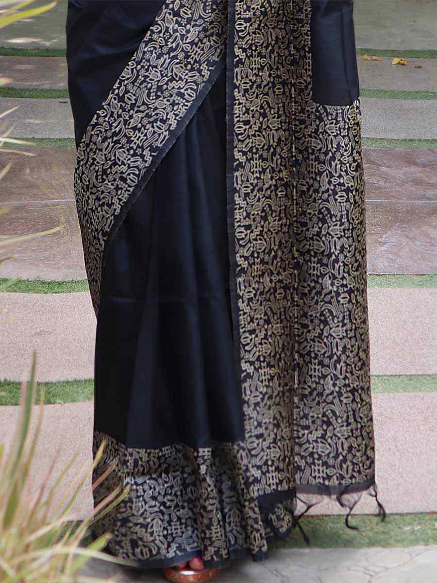 Black Handloom Raw Silk Handwoven Wedding Festival Heavy Border Saree