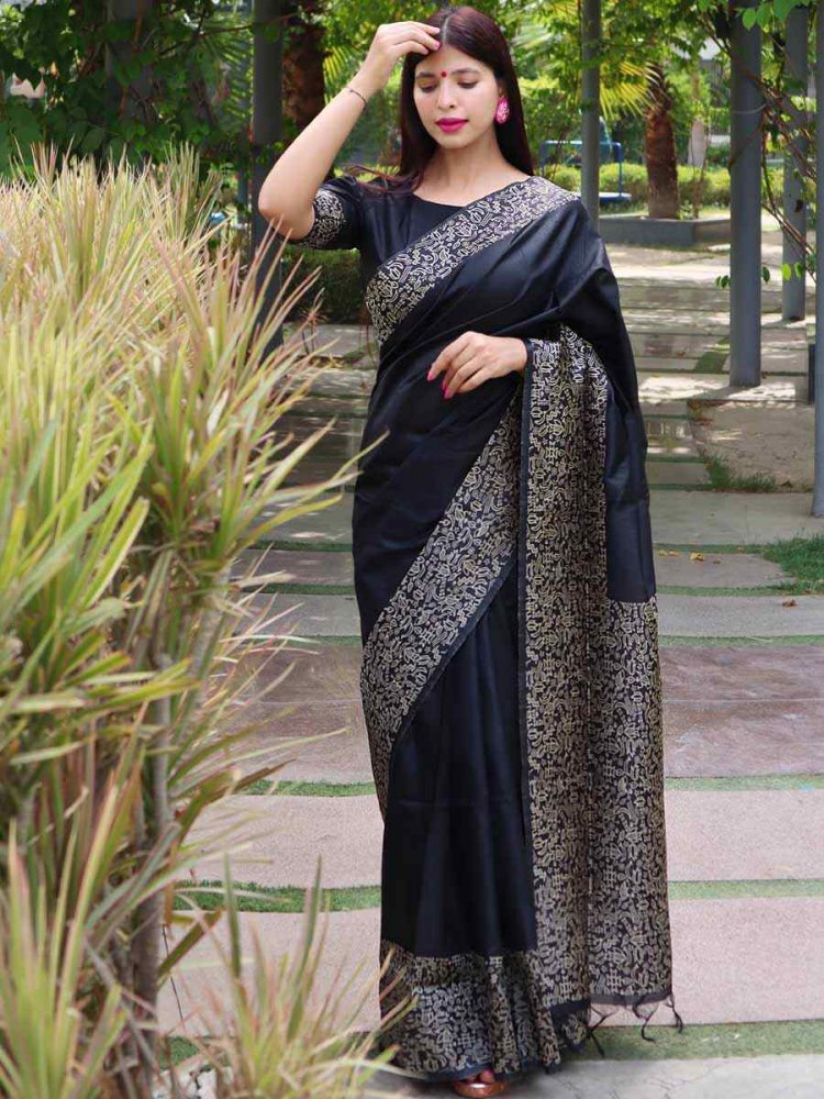 Black Handloom Raw Silk Handwoven Wedding Festival Heavy Border Saree