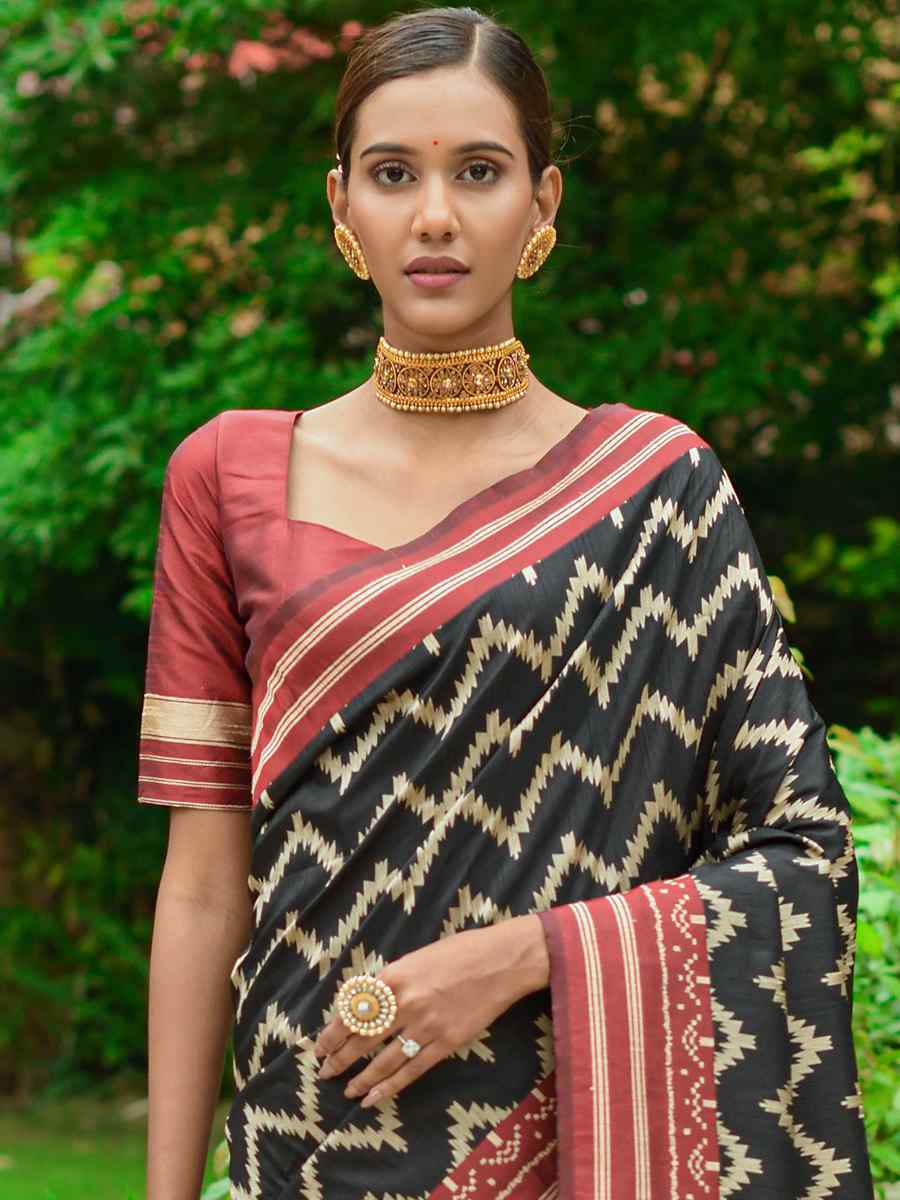 Black Handloom Raw Silk Printed Casual Festival Contemporary Saree