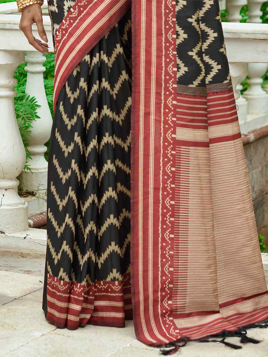 Black Handloom Raw Silk Printed Casual Festival Contemporary Saree