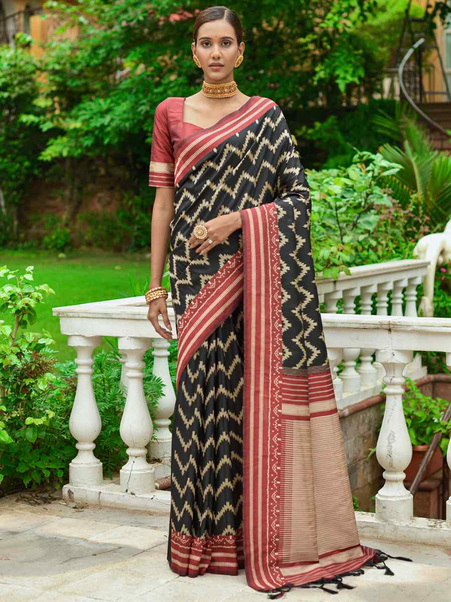 Black Handloom Raw Silk Printed Casual Festival Contemporary Saree