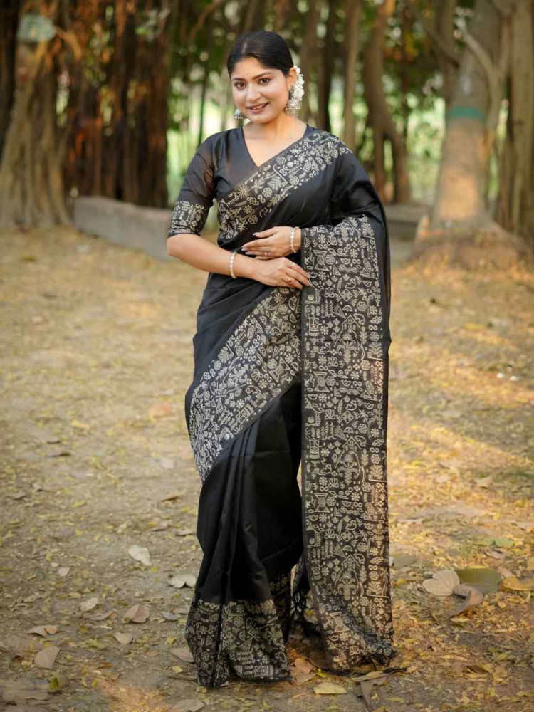 Image of Black Handloom Raw Silk Printed Festival Wedding Fancy Heavy Border Saree