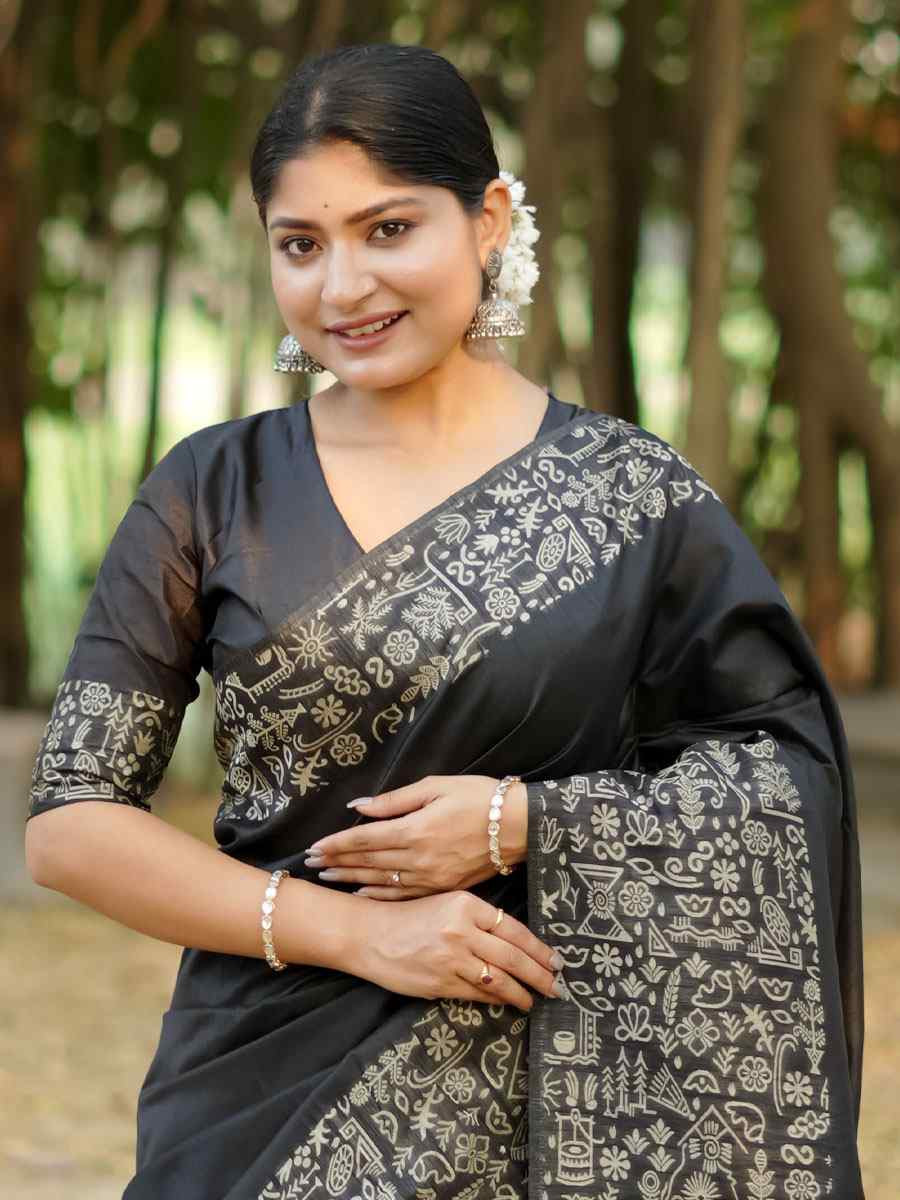 Black Handloom Raw Silk Printed Festival Wedding Fancy Heavy Border Saree