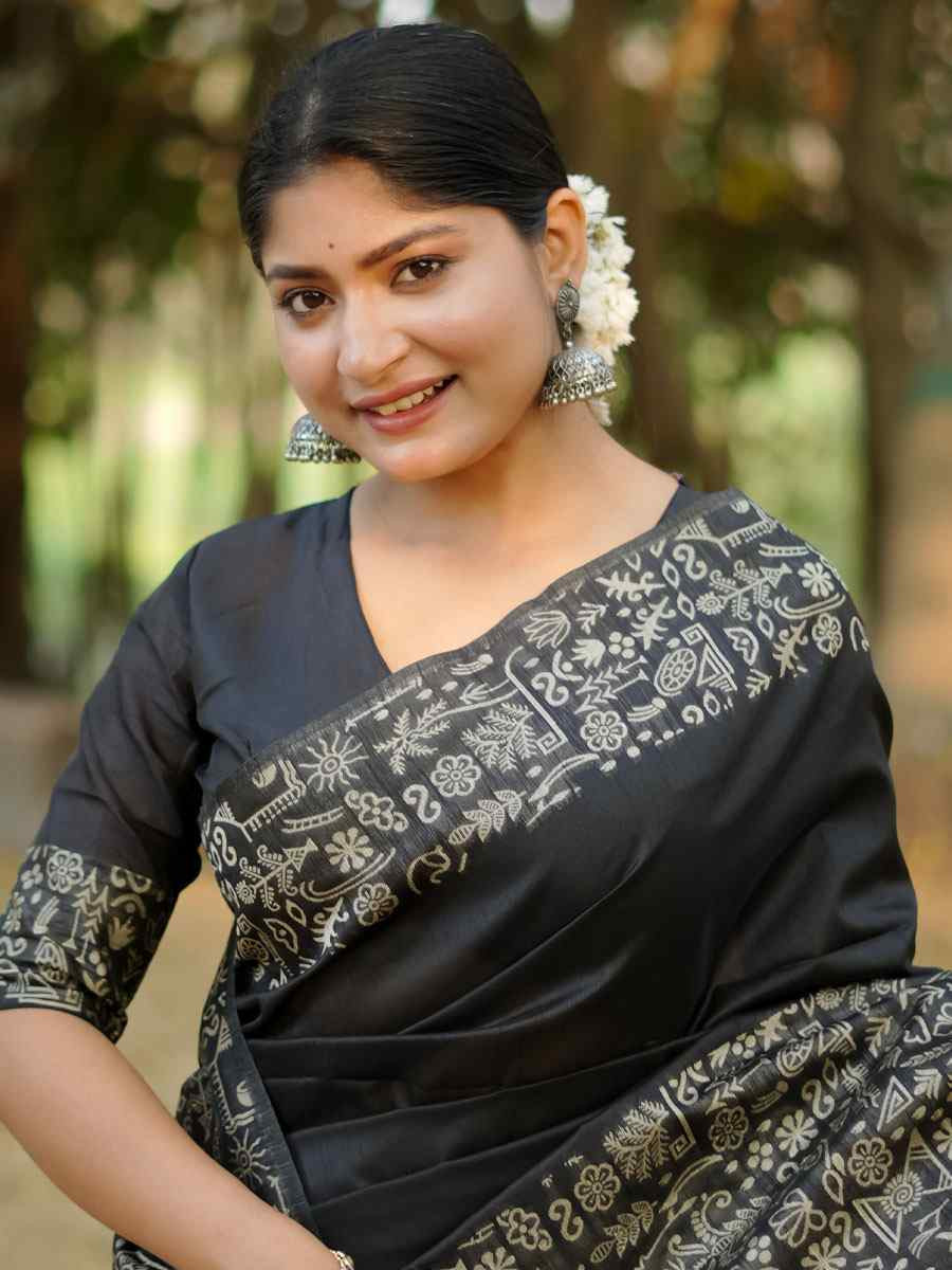 Black Handloom Raw Silk Printed Festival Wedding Fancy Heavy Border Saree