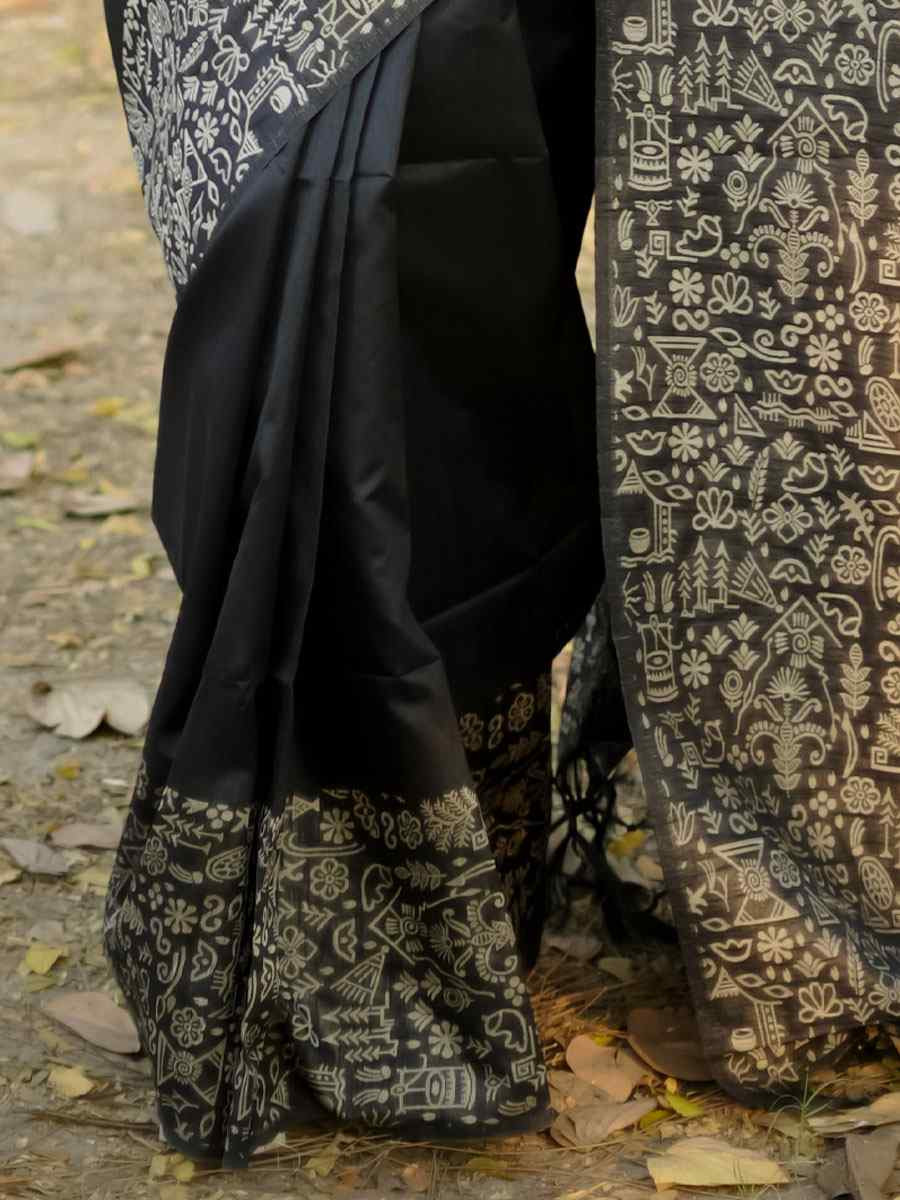 Black Handloom Raw Silk Printed Festival Wedding Fancy Heavy Border Saree