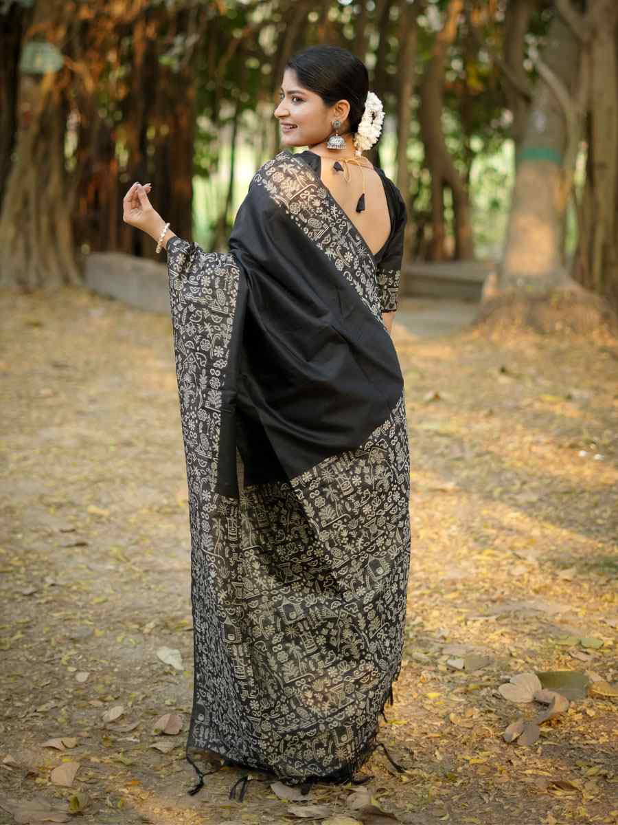 Black Handloom Raw Silk Printed Festival Wedding Fancy Heavy Border Saree