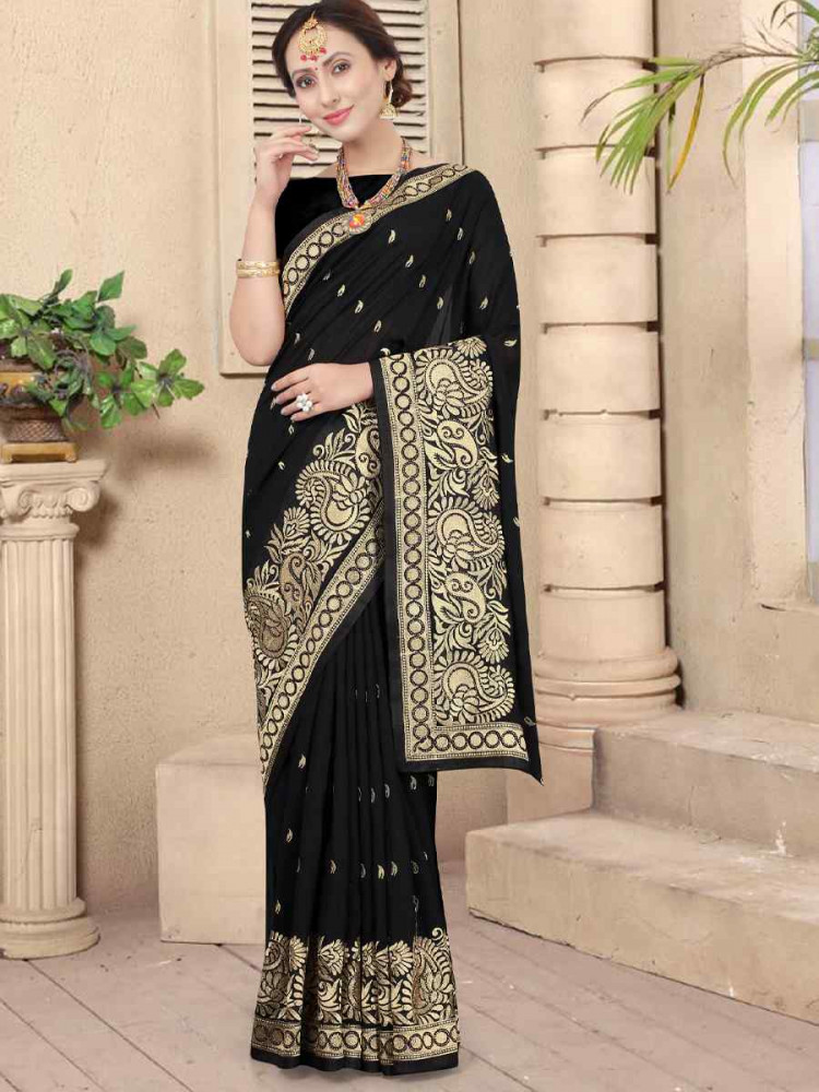 Image of Black Handwoven Party Bridal Reception Festival Wedding Fancy Heavy Border Saree