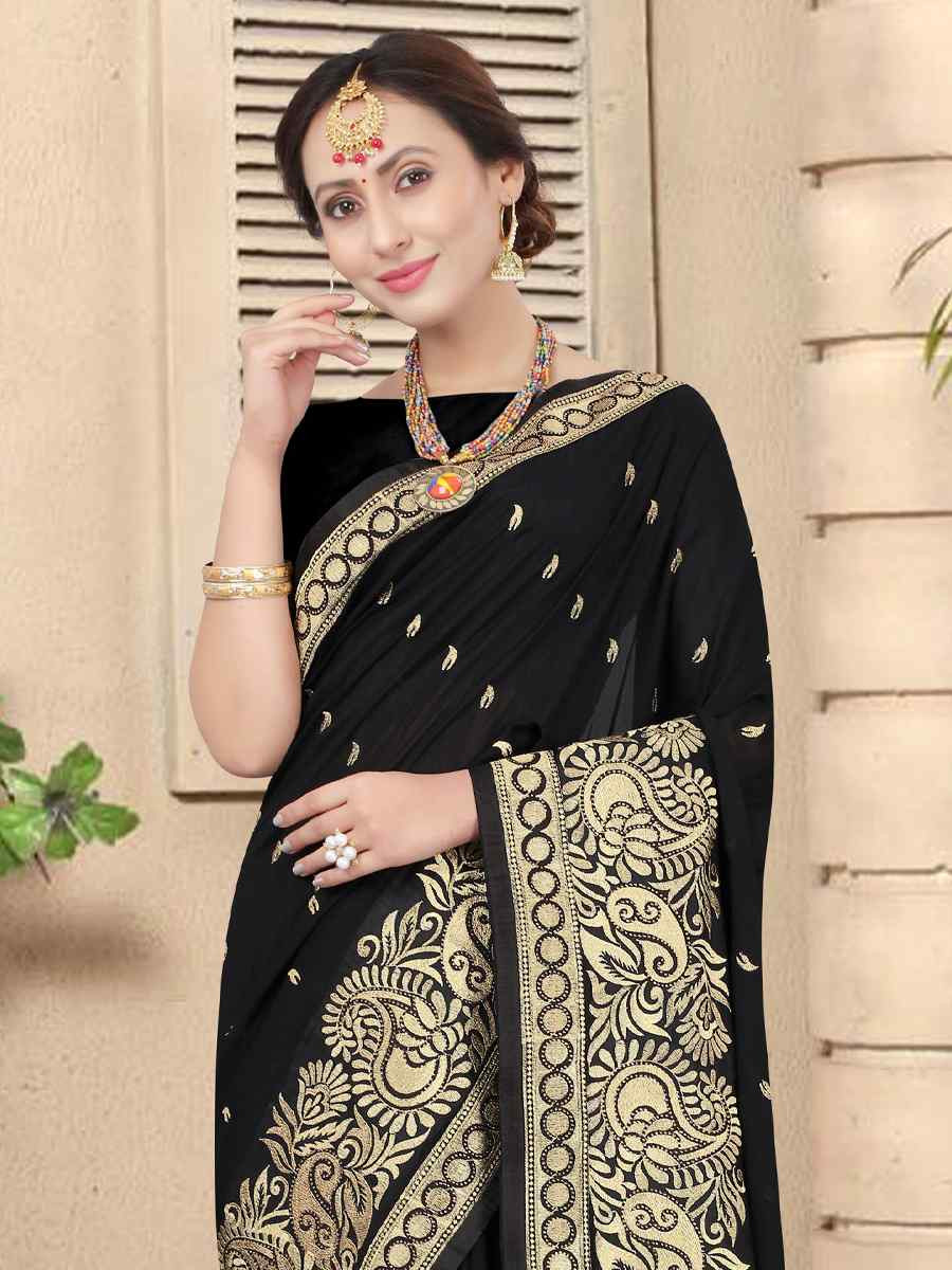 Black Handwoven Party Bridal Reception Festival Wedding Fancy Heavy Border Saree