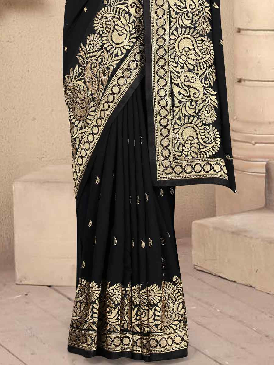 Black Handwoven Party Bridal Reception Festival Wedding Fancy Heavy Border Saree