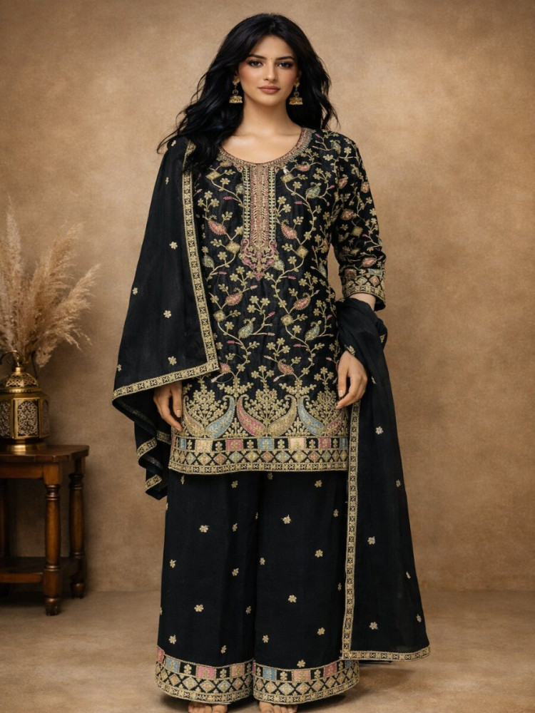 Image of Black Heavy Airtex Chinon Embroidery Wedding Party Festival Casual Ready Palazzo Pant Salwar Kameez