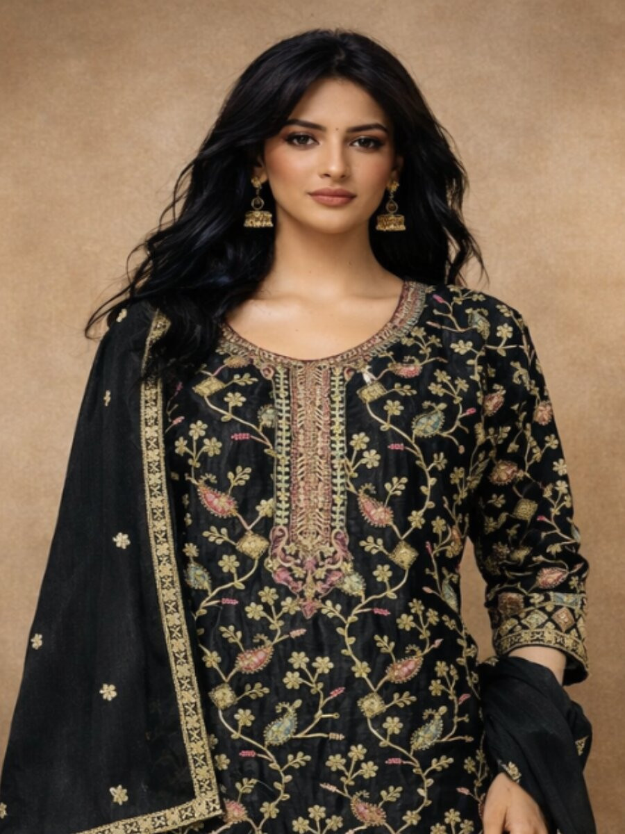 Black Heavy Airtex Chinon Embroidery Wedding Party Festival Casual Ready Palazzo Pant Salwar Kameez