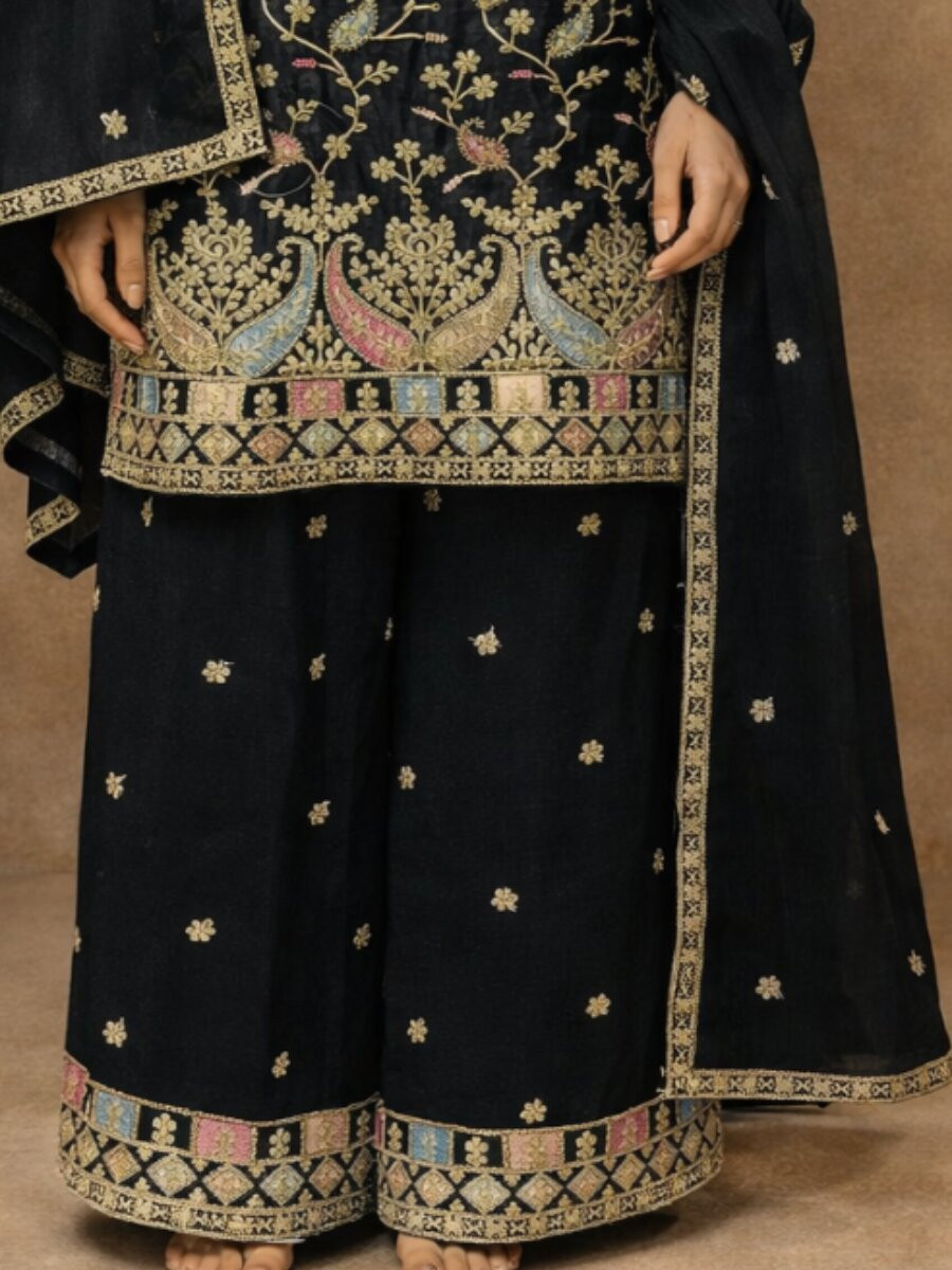 Black Heavy Airtex Chinon Embroidery Wedding Party Festival Casual Ready Palazzo Pant Salwar Kameez
