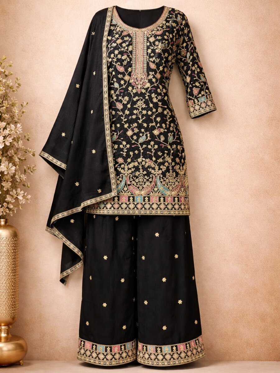 Black Heavy Airtex Chinon Embroidery Wedding Party Festival Casual Ready Palazzo Pant Salwar Kameez
