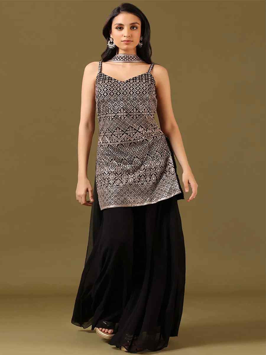 Black Heavy Blooming Georgette Embroidered Fastive Wedding Ready Palazzo Pant Salwar Kameez