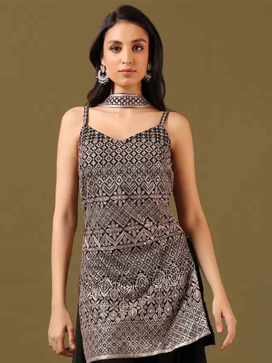 Black Heavy Blooming Georgette Embroidered Fastive Wedding Ready Palazzo Pant Salwar Kameez