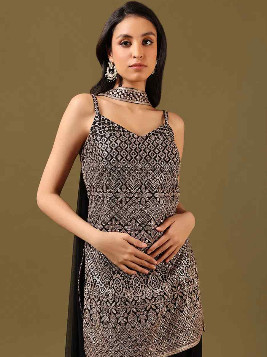 Black Heavy Blooming Georgette Embroidered Fastive Wedding Ready Palazzo Pant Salwar Kameez