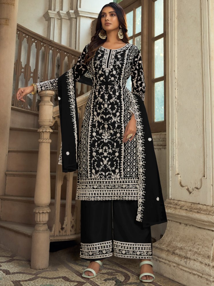 Black Heavy Butterfly Net Embroidered Festival Party Engagement Pant Salwar Kameez