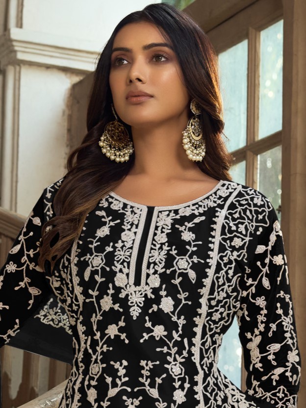 Black Heavy Butterfly Net Embroidered Festival Party Engagement Pant Salwar Kameez