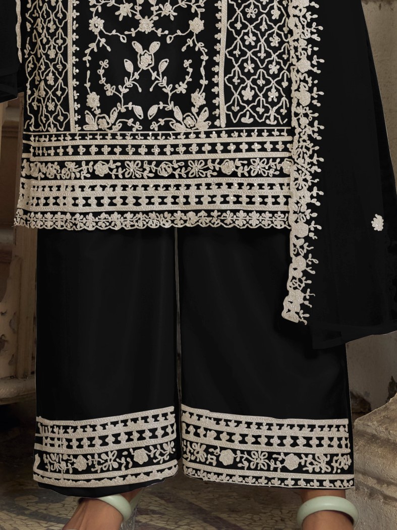 Black Heavy Butterfly Net Embroidered Festival Party Engagement Pant Salwar Kameez
