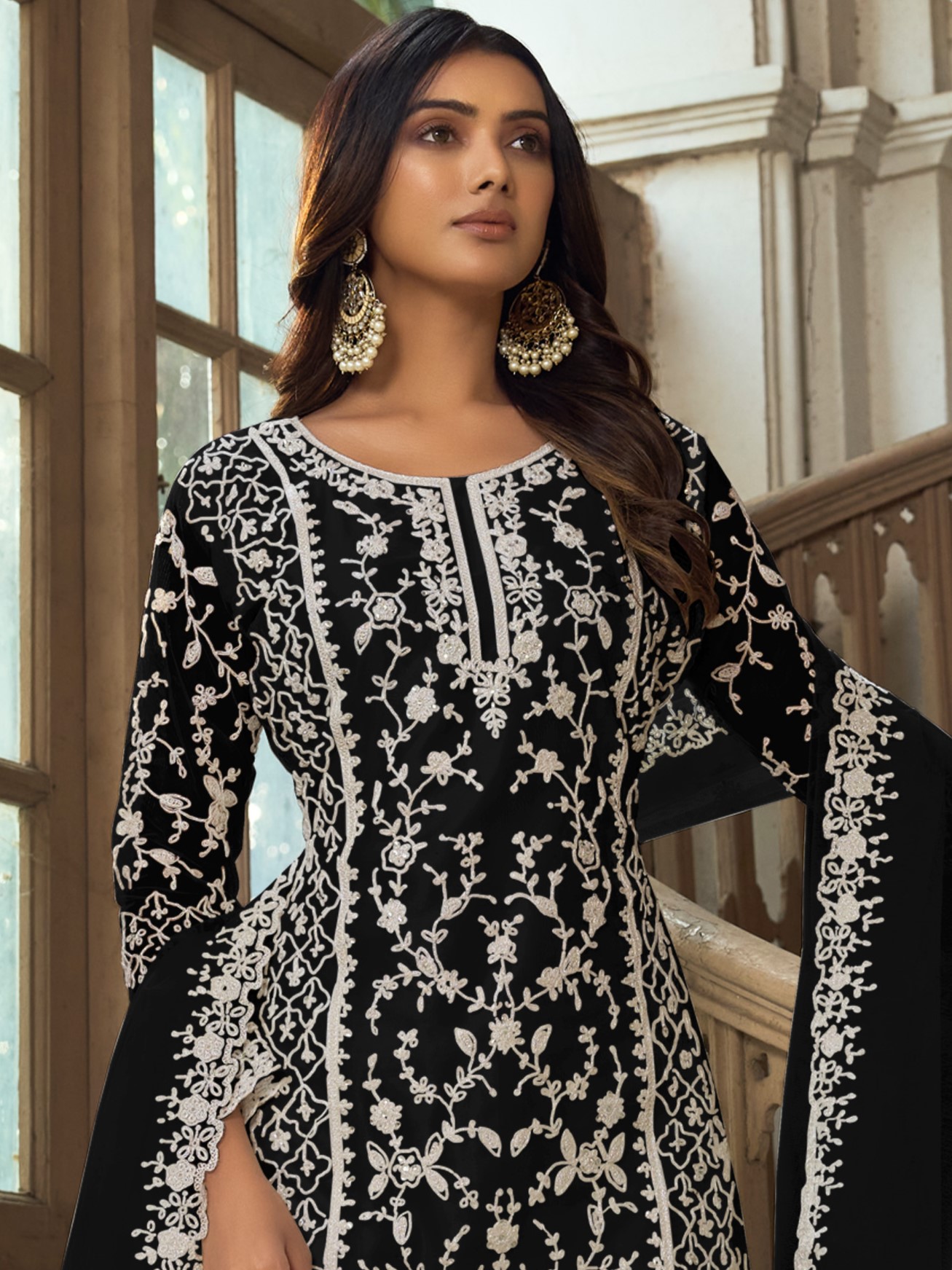 Black Heavy Butterfly Net Embroidered Festival Party Engagement Pant Salwar Kameez