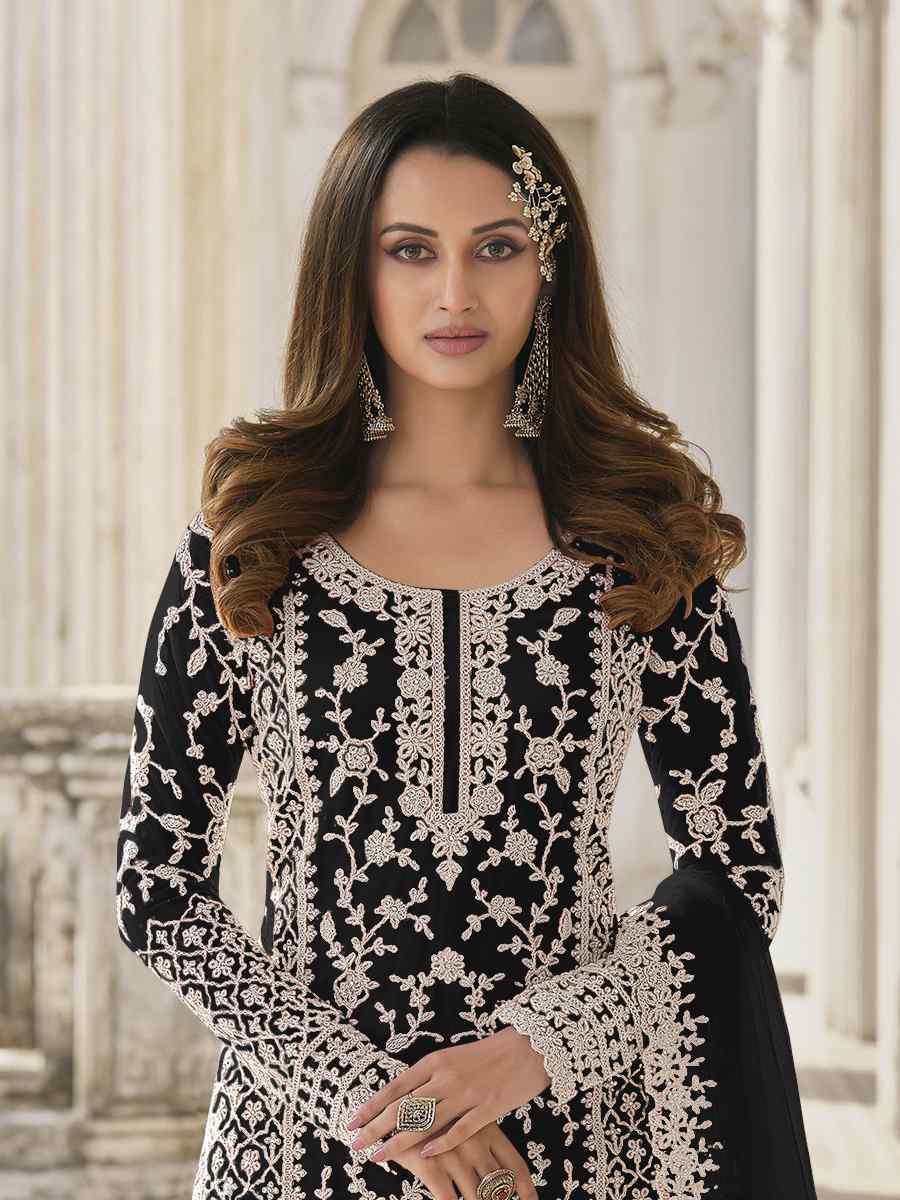 Black Heavy Butterfly Net Embroidered Festival Wedding Palazzo Pant Salwar Kameez